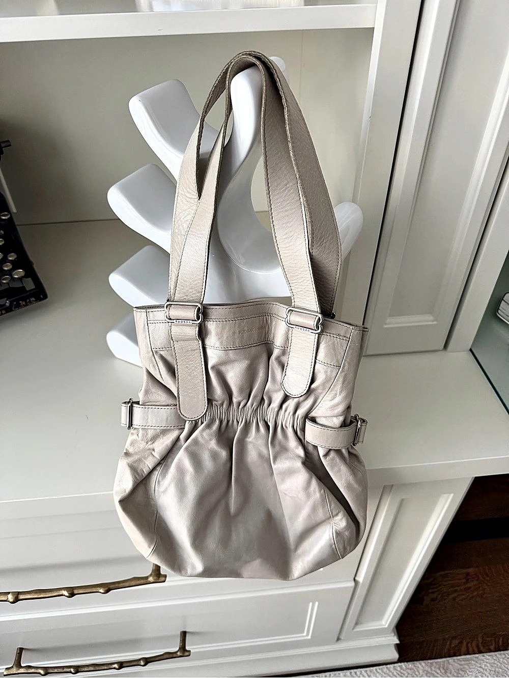 RUDSAK Grained Leather Light Grey Shoulder Small Side Buckle Synched Purse Bag